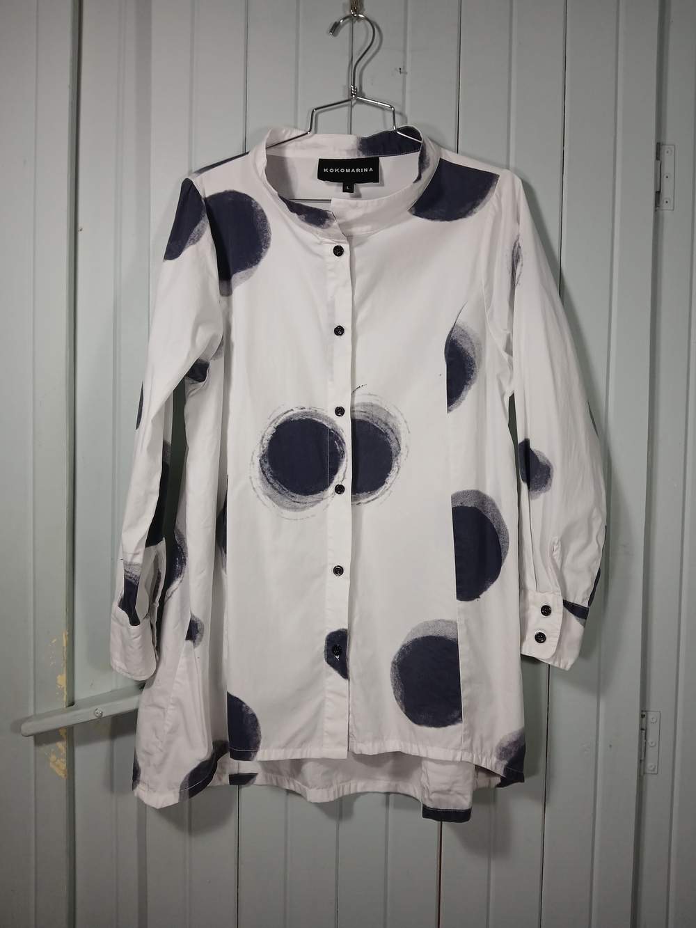 Kokomarina White Button-Up Tunic with Navy Dot Print